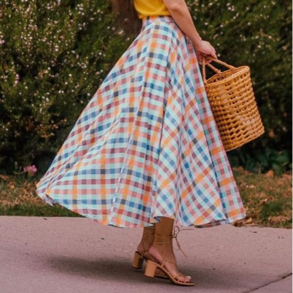 Anthropologie Maeve Evelyn Cotton/Linen Multi Color Plaid Circle Midi Skirt